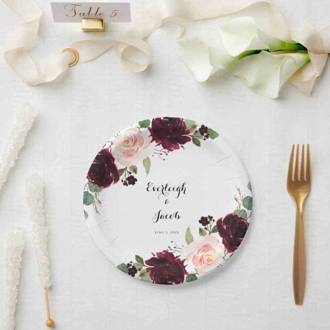 Assiettes En Carton Mariage floral rose de Bourgogne (Mariage)