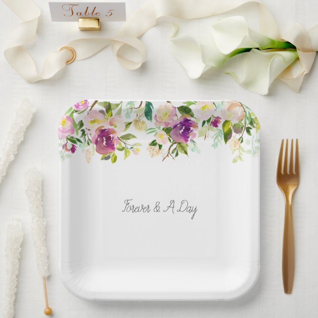 Assiettes En Carton Mariage floral rose de Bourgogne (Mariage)
