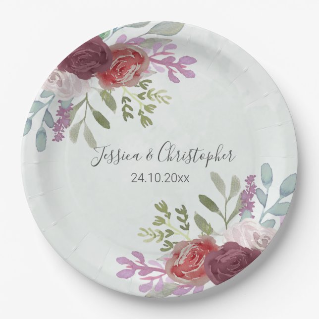 Assiettes En Carton Mariage floral rustique Bourgogne (Devant)