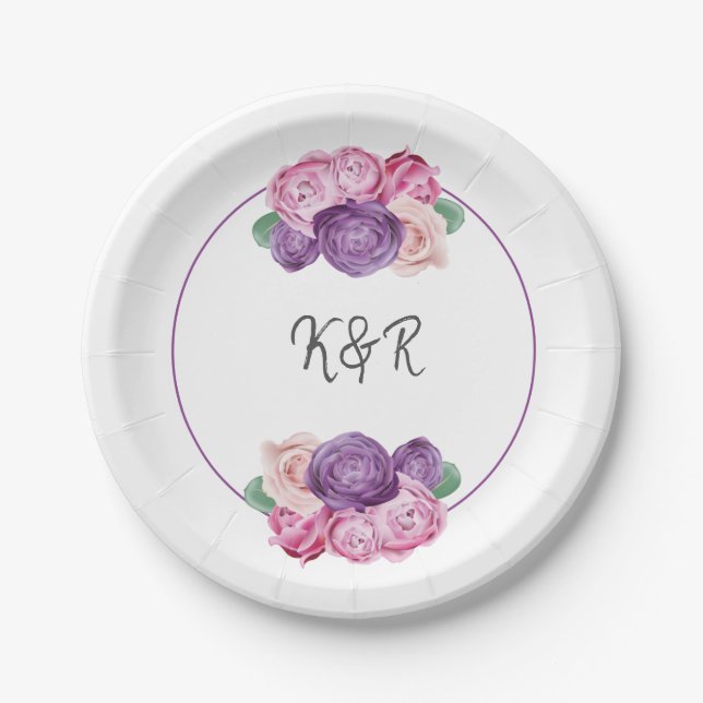 Assiettes En Carton Mariage floral Ultra violet et rose Roses (Devant)