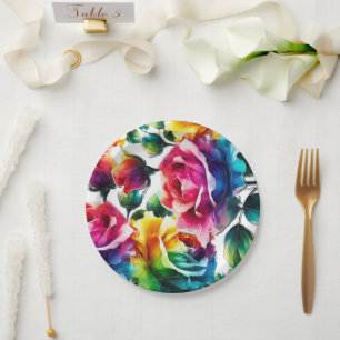 Assiettes En Carton Mariage Floral Vibrant Roses Arc-en-ciel Noir et B