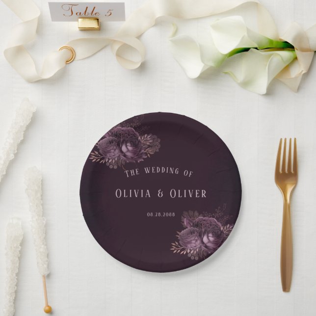 Assiettes En Carton Mariage floral violet et Rose Gold Peony (Mariage)