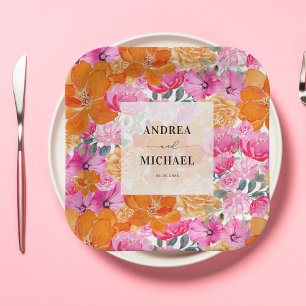 Assiettes En Carton Mariage frais pâle rose et orange floral