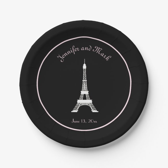 Assiettes En Carton Mariage français rose blanc noir chic de Tour (Devant)