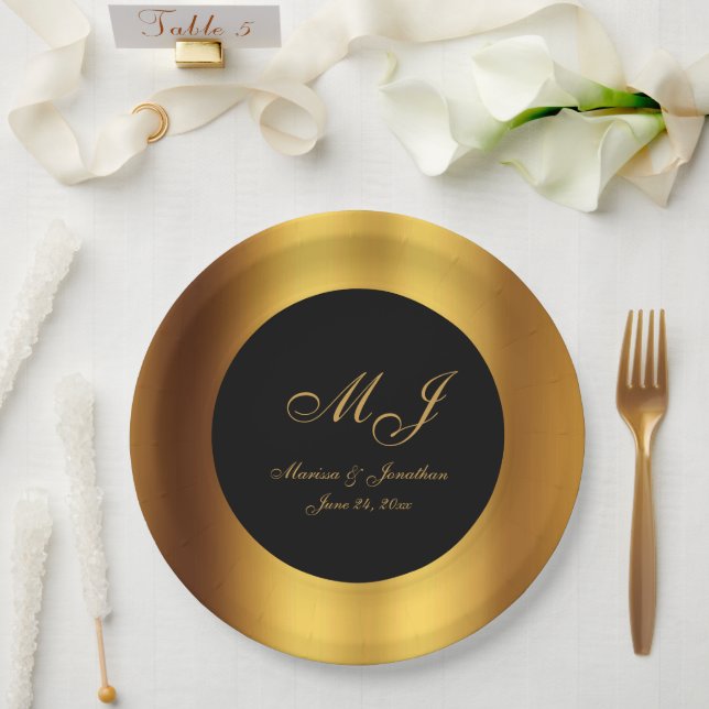 Assiettes En Carton Mariage frontalier de luxe Black Gold Calligraphie (Mariage)