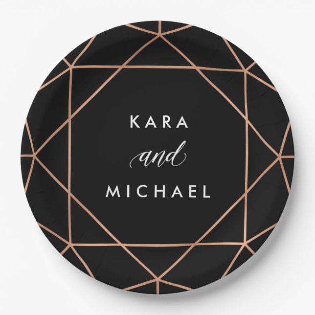 Assiettes En Carton Mariage géométrique | Faux Rose Gold sur Noir (Devant)