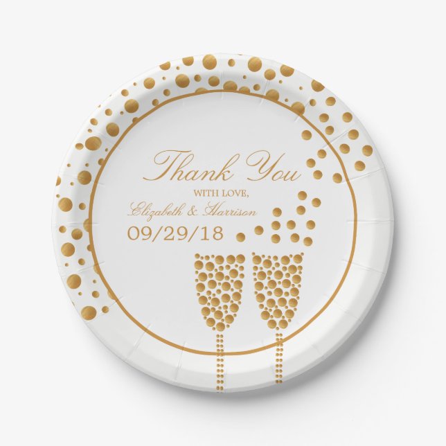 Assiettes En Carton Mariage Gold Champagne Bubbles (Devant)