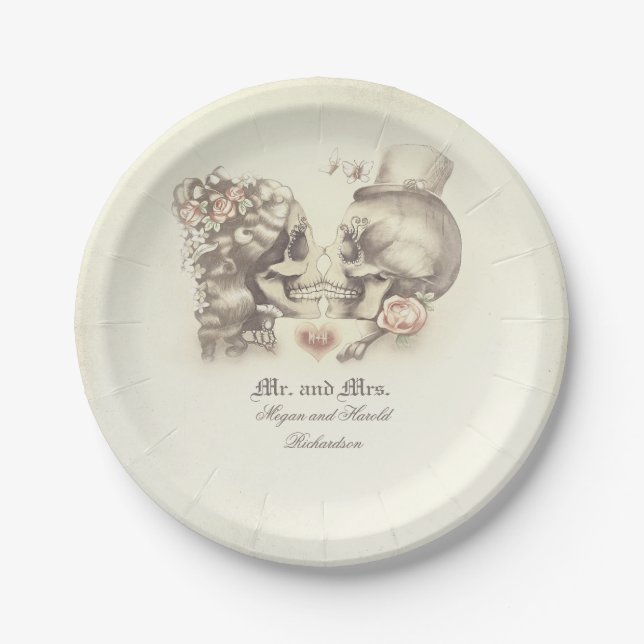 Assiettes En Carton Mariage gothique Couple crâne (Devant)