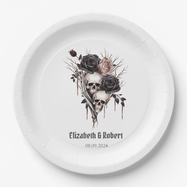 Assiettes En Carton Mariage gothique noir Rose crânes (Devant)