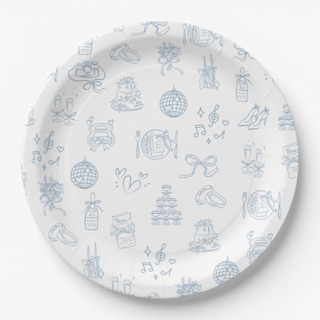 Assiettes En Carton Mariage illustré à main lunaire dessiné bleu (Devant)