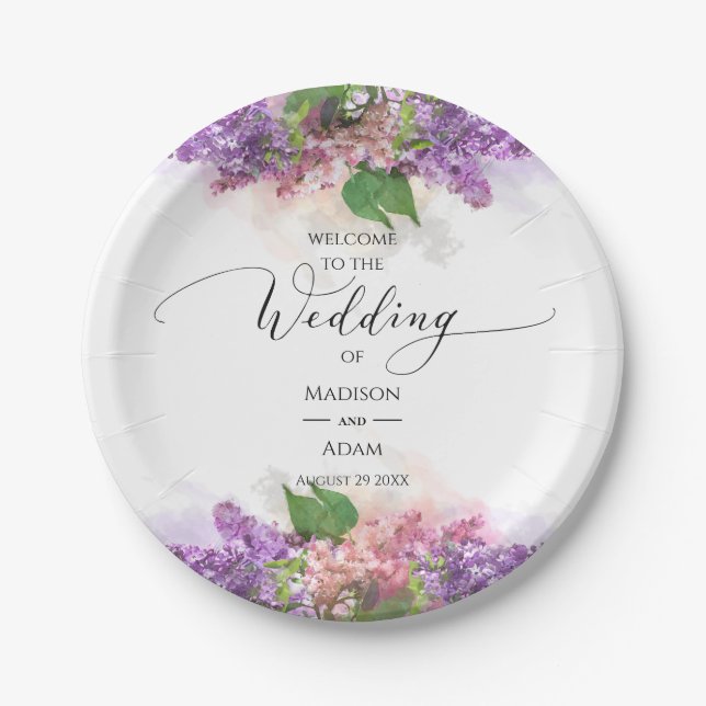 Assiettes En Carton Mariage Lilac Fleurs violettes et roses (Devant)