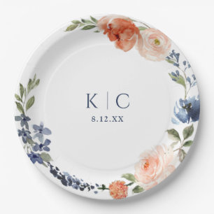 Assiettes En Carton Mariage Lumineux Fleurs Orange Pivoine Bleu Poussi