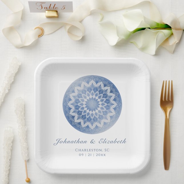 Assiettes En Carton Mariage Mandala à Dentelle Bleue (Mariage)
