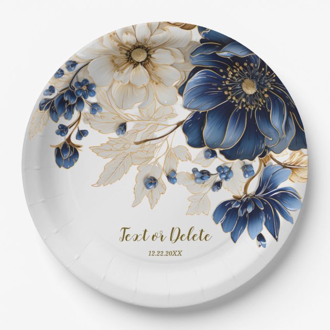 Assiettes En Carton Mariage Marine Bleu Blanc Or Floral Argent (Devant)