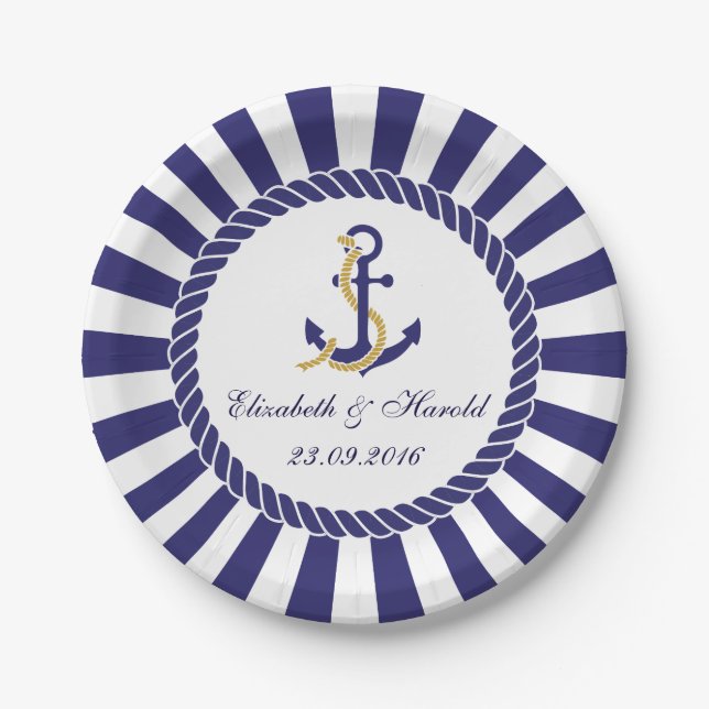Assiettes En Carton Mariage marine moderne Bleu Bleu Blancs (Devant)