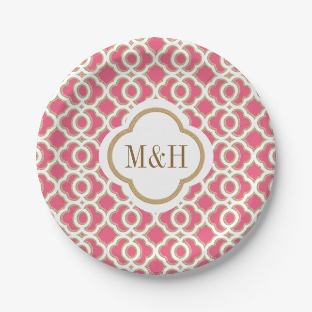 Assiettes En Carton Mariage marocain Monogramme Hot Pink et Gold (Devant)
