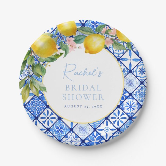 Assiettes En Carton Mariage méditerranéen Citrons Carreaux Bleus (Devant)
