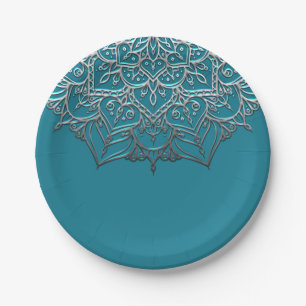 Assiettes En Carton Mariage minimal élégant mandala sarcelle et argent