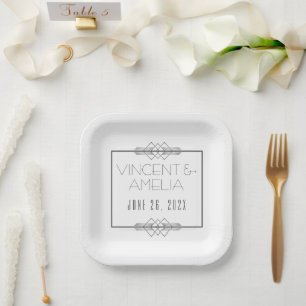 Assiettes En Carton Mariage minimaliste Art Déco blanc personnalisé
