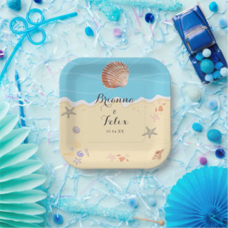 Assiettes En Carton Mariage minimaliste bleu océan d'été