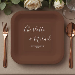 Assiettes En Carton Mariage Minimaliste Écriture Marron Élégant