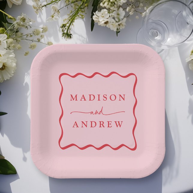 Assiettes En Carton Mariage Moderne Cadre Ondulé Rose et Rouge (Créateur téléchargé)
