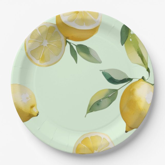Assiettes En Carton Mariage moderne en jaune citron avec écriture flor (Devant)