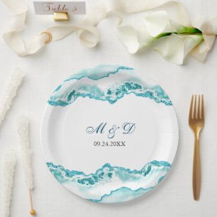 Assiettes En Carton Mariage moderne en marbre bleu clair