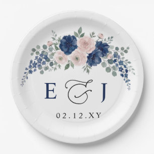 Assiettes En Carton Mariage Moderne Floral Bleu Marine et Rose