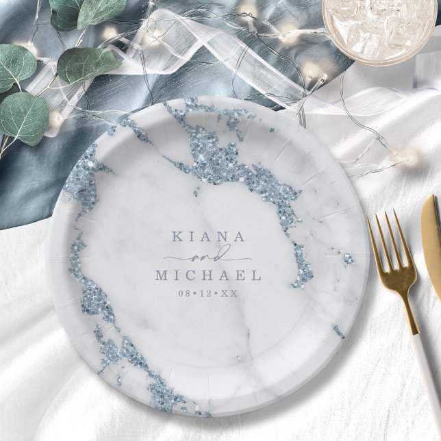 Assiettes En Carton Mariage Moderne Paillettes Marbre Bleu Poussiéreux (Créateur téléchargé)