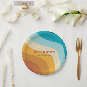 Assiettes En Carton Mariage moderne Retro 70 coloré Rainbow Waves