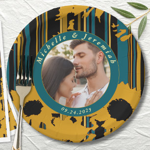 Assiettes En Carton Mariage Moderne Tournesol Bleu Sarcelle Or