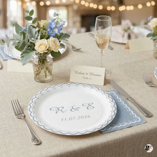 Assiettes En Carton Mariage Monogramme à Bordure Crantée Bleu Poussiér