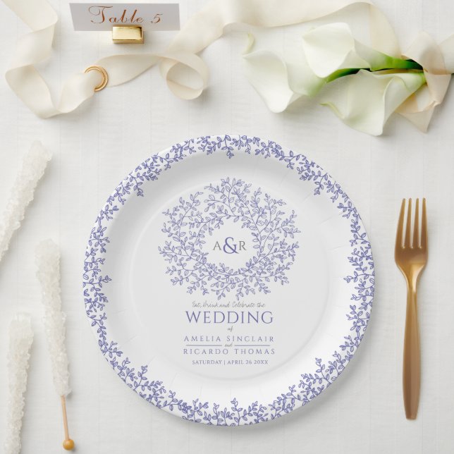 Assiettes En Carton mariage monogramme d'art feuille cercle bleu (Mariage)