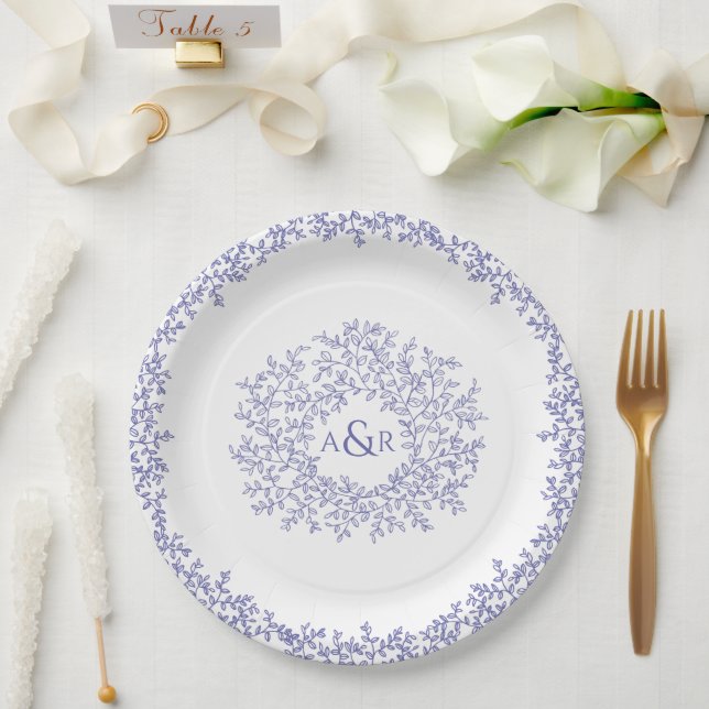 Assiettes En Carton mariage monogramme d'art feuille cercle bleu (Mariage)