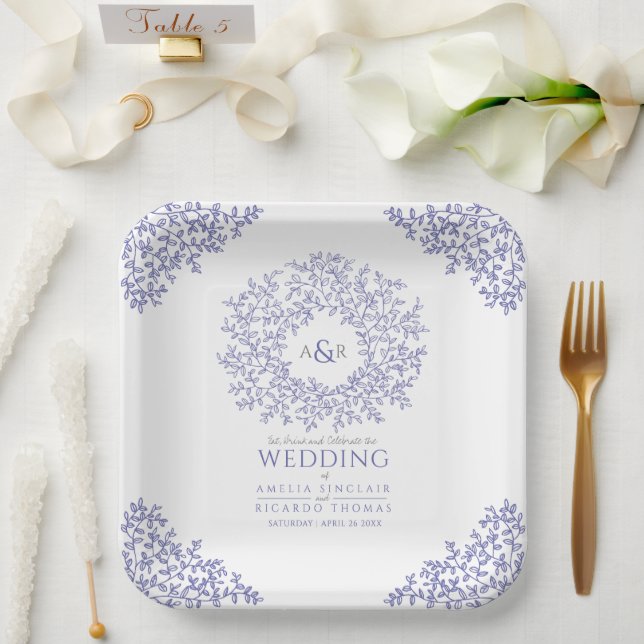 Assiettes En Carton mariage monogramme d'art feuille cercle bleu (Mariage)