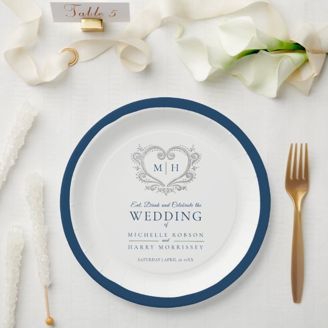 Assiettes En Carton Mariage monogramme de couronne bleu coeur argenté (Mariage)