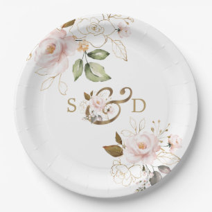 Assiettes En Carton Mariage Monogramme Fleurs Dorées et Rose Tendre Fa
