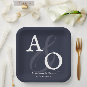 Assiettes En Carton Mariage Monogramme minimaliste bleu marine