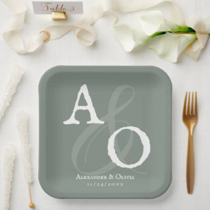 Assiettes En Carton Mariage Monogramme minimaliste Sage Green
