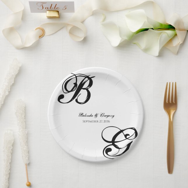 Assiettes En Carton Mariage Monogramme noir et blanc (Mariage)