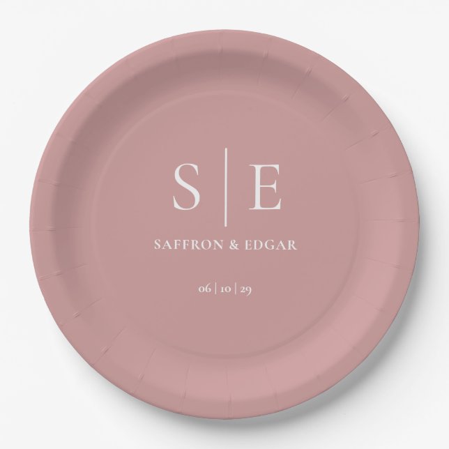 Assiettes En Carton Mariage monogramme rose chic Dusty Rose (Devant)
