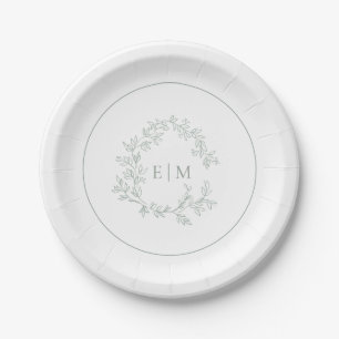 Assiettes En Carton Mariage Monogramme vert Sage moderne