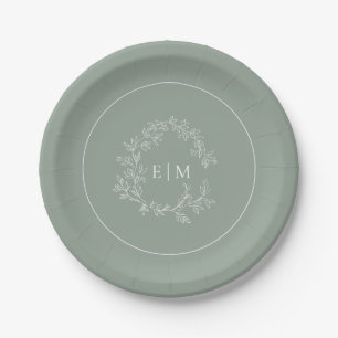 Assiettes En Carton Mariage Monogramme vert Sage moderne