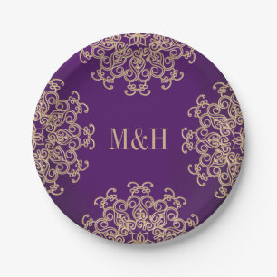 Assiettes En Carton Mariage monogramme violet et or de style indien