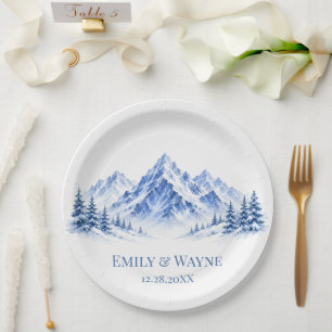 Assiettes En Carton Mariage Montagnes Aquarelle Eau Bleue et Neige