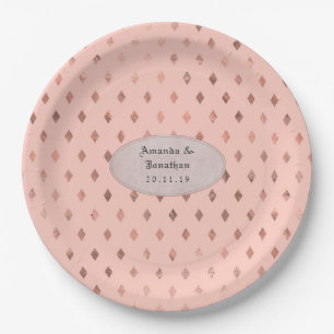 Assiettes En Carton Mariage motif diamant or rose et rose pastel