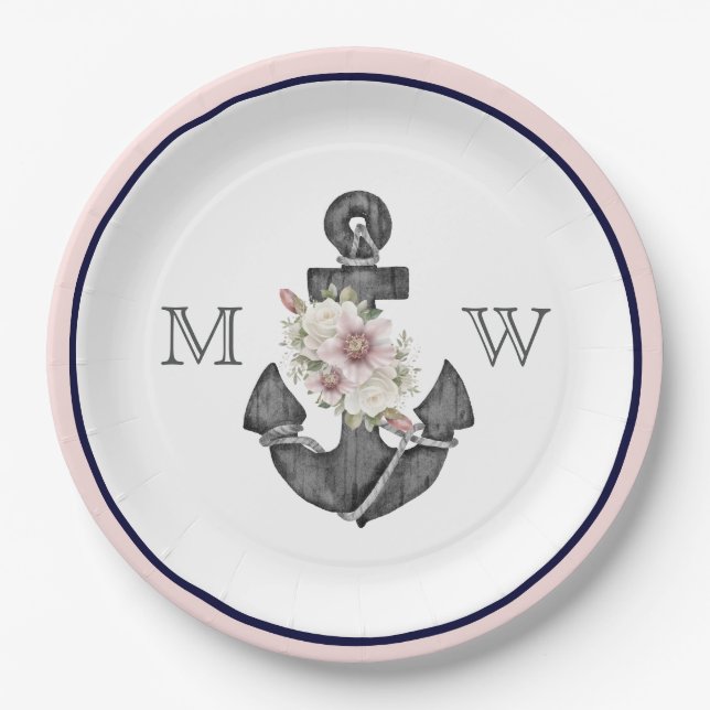 Assiettes En Carton Mariage nautique Ancre florale rose et marine (Devant)