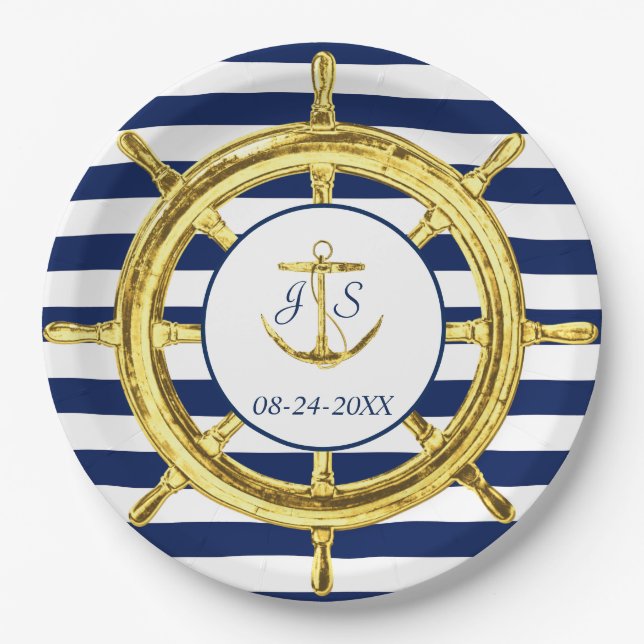 Assiettes En Carton Mariage nautique de marine Blue Stripes Gold (Devant)