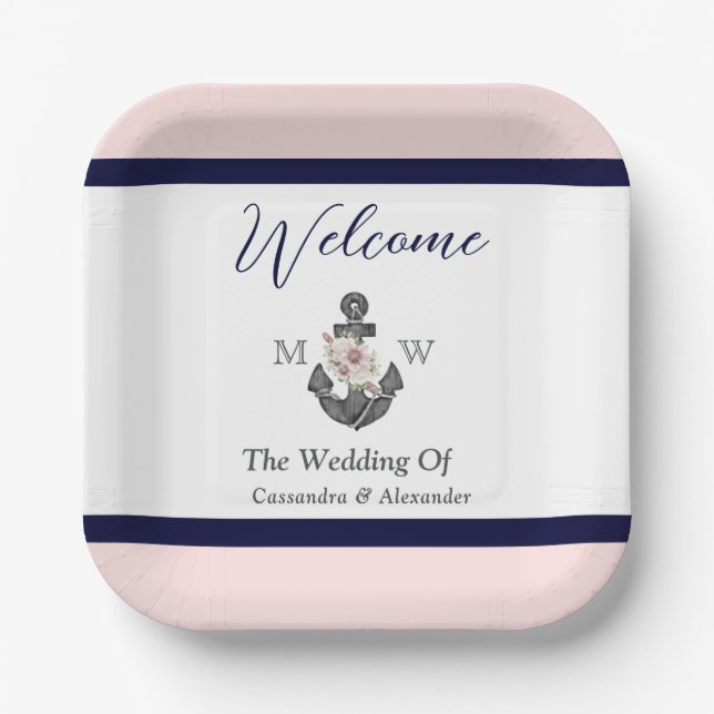 Assiettes En Carton Mariage nautique Floral Ancre Rose Marine Bienvenu (Recto)